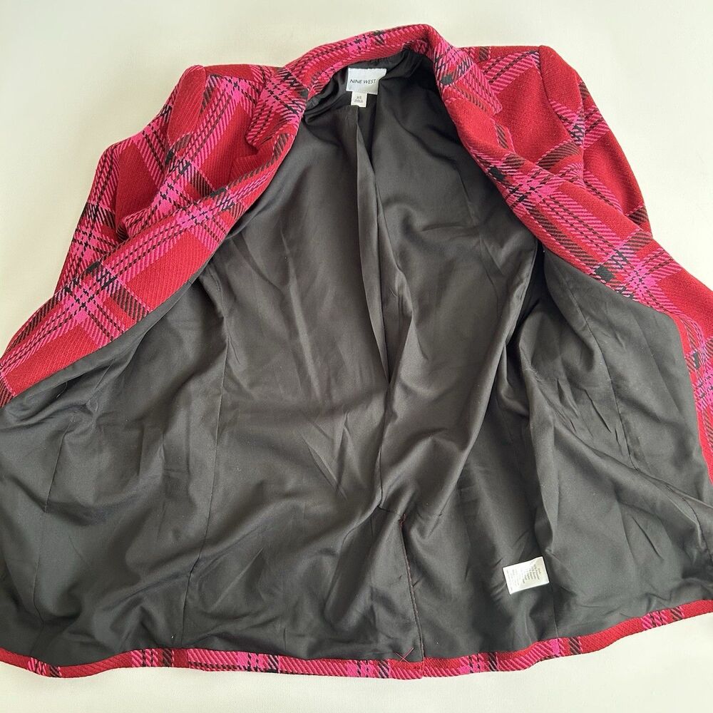 NINE WEST Red Pink Black Plaid Blazer Jacket Notch Collar Office Workwear XS - Picture 11 of 13